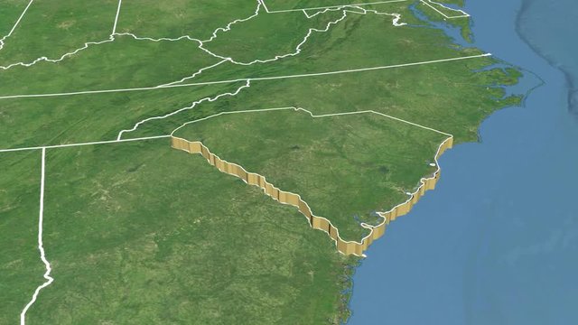 South Carolina state (USA) extruded on the satellite map of North America