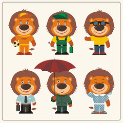Set funny Lion in different clothing: sportsman, worker, manager, summer, autumn, sleepwear. Collection isolated Lion in clothing in cartoon style.