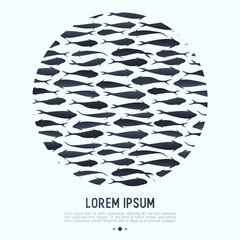 Background with watercolor fish silhouette swimming in circle. Vector illustration for menu of fish restaurant.