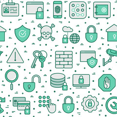 Security and protection seamless pattern with thin line icons: data, surveillance camera, finger print, electronic key, password, alarm, safe. Vector illustration for banner, web page, print media.