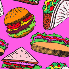 Hot dog with one sausage, burger, sandwich and tacos, hand drawn doodle, sketch in pop art style, seamless pattern design on pink background