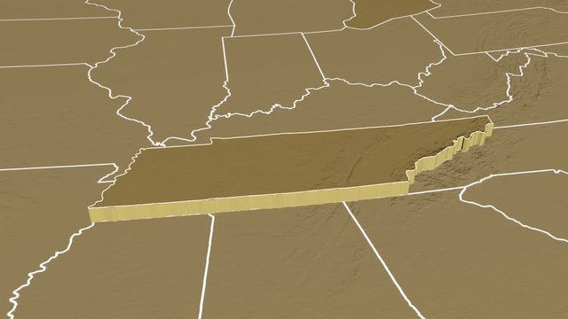 Tennessee state (USA) extruded on the elevation map of North America