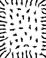 Silhouettes of hands in various positions on a white background