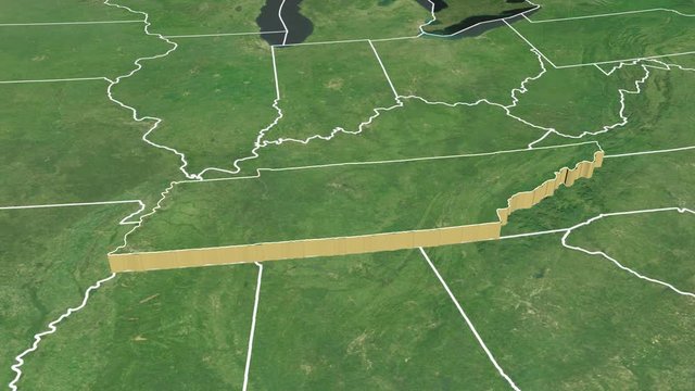 Tennessee state (USA) extruded on the satellite map of North America