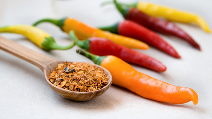 Hot peppers with spices in spoon on paper background close up. Multicolor small peppers