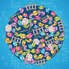 Birds summer or spring concept. 3d cartoon doodles background design. Hand drawn colorful vector illustration.