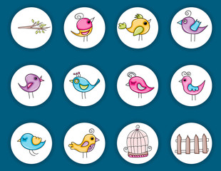 Birds icons summer or spring concept cartoon doodles sticker design. Hand drawn colorful vector illustration collection.