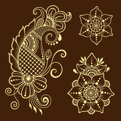 Henna tattoo flower template. Mehndi style. Set of ornamental patterns in the oriental style.