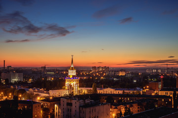 Summer night in Voronezh, Russia. Panorama of downtown