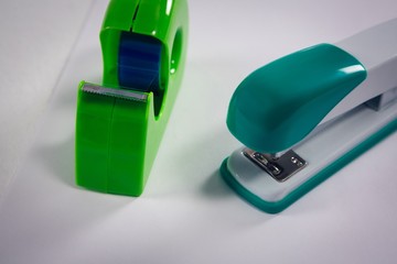 Close-up of stapler and cello tape