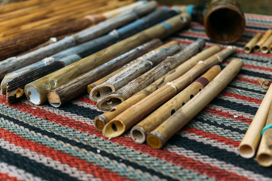 Ethnic woodwind flutes, wooden musical instruments handmade