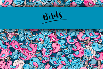 Birds summer or spring concept. 3d cartoon doodles background design. Hand drawn colorful vector illustration.