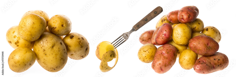 Wall mural a fresh raw potatoes on a white background