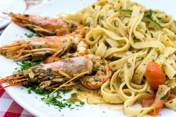 Pasta with Shrimp Dinner Dish on a the table