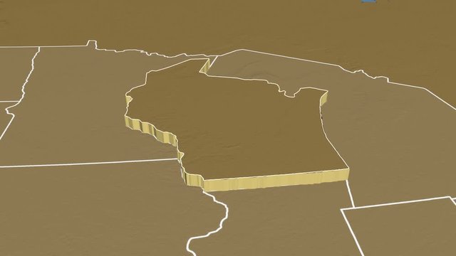 Wisconsin state (USA) extruded on the elevation map of North America