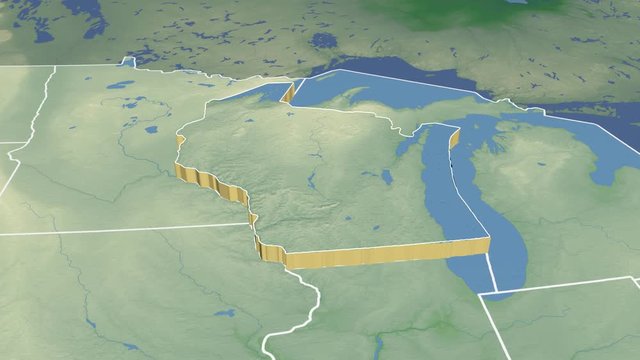 Wisconsin state (USA) extruded on the physical map of North America