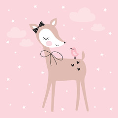 pretty deer with bird vector illustration - obrazy, fototapety, plakaty