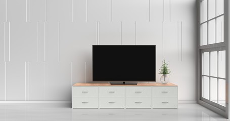 Smart tv on tv stand  in white living room decorated with wood white tv stand, tree in glass vase, white cement wall it is grid pattern, white  floor and light window. 3d rendering. 