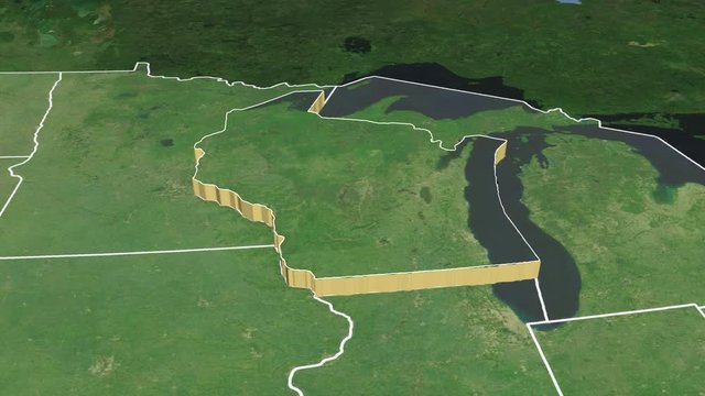Wisconsin state (USA) extruded on the satellite map of North America