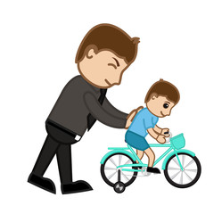 A Father Teaching Cycling to His Kid Boy