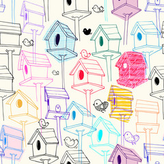 Fototapety  Wzór z colorfil birdhouse na tle. Kolorowe, ręcznie rysowane domy dla ptaków w stylu linii z teksturami bazgrołów. Ilustracja do druku tkaniny, tapety, papier pakowy, tło.