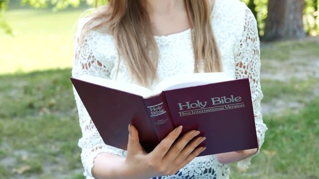 4k. Girl reads  Bible in park. Сlose up of body