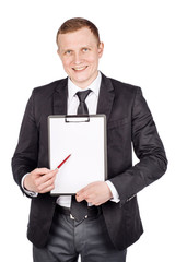 man holding a folder of document. human emotion expression and lifestyle concept.