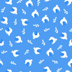 Vector Seamless Pattern. Vector Illustration of Doves and Branches on Blue Background. Can use it for International Day of Peace.