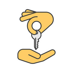 Hand giving key to another hand color icon