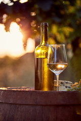 Obraz premium Glass of white wine and bottle with food at sunset