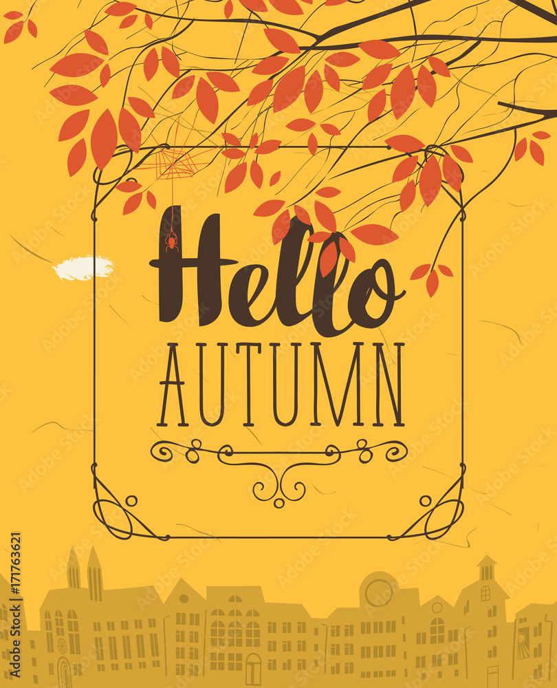 Aufkleber vector urban landscape in retro style on the fall theme with the words hello autumn and autumn tree 