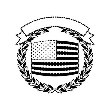 united states flag inside of circle of olive branches with ribbon on top in monochrome dotted silhouette vector illustration