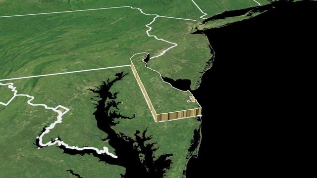 Delaware state (USA) extruded on the satellite map of North America isolated on black