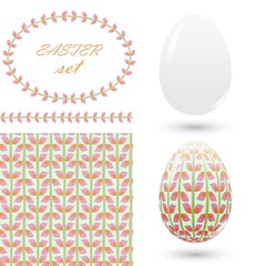Set of easter ornaments and decorative elements, seamless pattern, brush, eggs, frames for announcements, greeting cards, posters, advertisement.