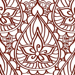 Henna seamless pattern of brown lines on a white background. Ethnic Indian style ornament tattoo.