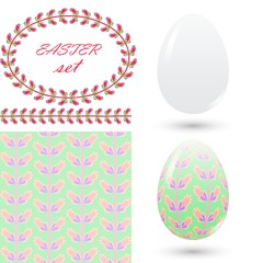 Easter set of design elements in pastel colors. Gentle hand drawn twig brush seamless pattern and frame for announcements, greeting cards, posters, advertisement.