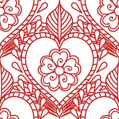 Mehendi seamless pattern of red lines on a white background. Boho Indian style ornament tattoo.