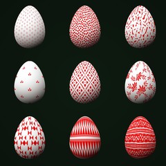 Collection of Easter eggs with red patterns isolated on a dark green background.