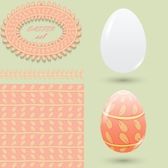 Easter set. Clean and colored eggs, seamless pattern, brush and frame in pink tones. Elements for design announcements, greeting cards, posters, advertisement.