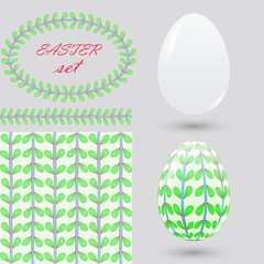 Set of Easter. Pure and painted eggs, seamless pattern, brush and frame. Elements for design announcements, greeting cards, posters, advertisement.