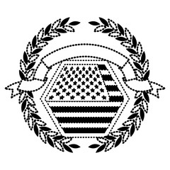 united states flag in shape of hexagon with olive crown and ribbon on top in monochrome dotted silhouette vector illustration