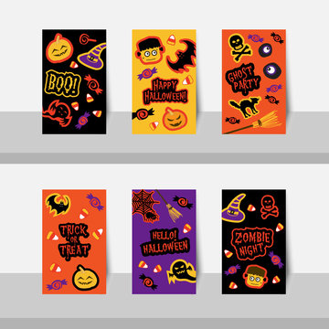 Set of Halloween small cards vector for Halloween party, Halloween night, trick or treat, for scrapbook, gift tags, ghost, skeleton, skull, pumpkin, bat, cat, spider, monster eye and Jack-o-Lantern.