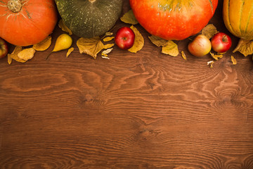 Autumn fruit and vegetables. Thanksgiving autumn background. Flat lay, top view