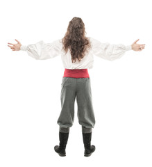 Handsome man in historical pirate costume isolated. Back pose