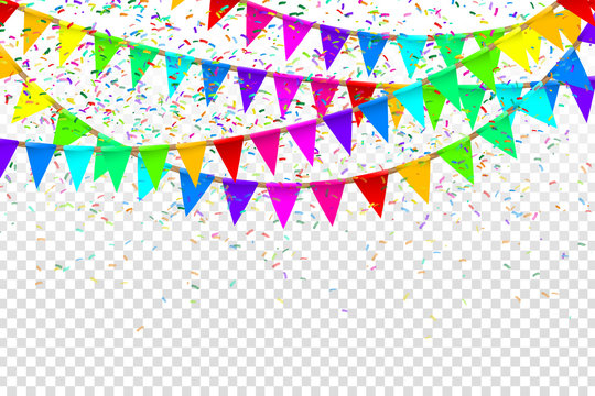 Vector realistic isolated party flags and confetti for decoration and covering on the transparent background. Concept of birthday, holiday and celebration.