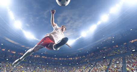 Soccer player kicks the ball on the soccer stadium. He wear unbranded sports clothes. Stadium and crowd made in 3D. - obrazy, fototapety, plakaty