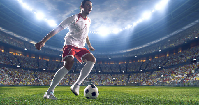 Soccer player kicks the ball on the soccer stadium. He wear unbranded sports clothes. Stadium and crowd made in 3D.