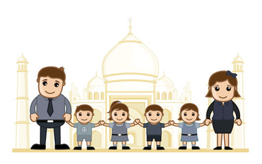 Happy Family in front of Taj Mahal - clip-art vector illustration
