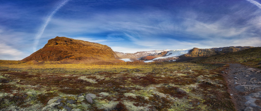 landscape of Vatnajokull National Park Landmark in Iceland. Background with Rocky Mountains Glacier and Open air.