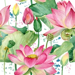Deurstickers lotus flowers seamless pattern. watercolor botanical illustration. © Елена Фаенкова